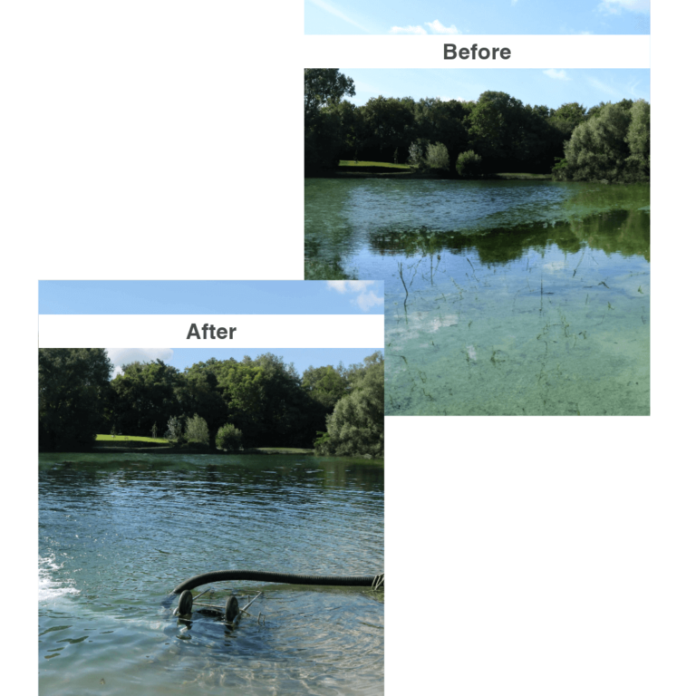 VenturiPulse water aerator before and after pictures of a lake