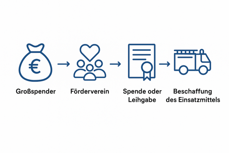 Ablaufkette vom Großspender über den Förderverein zur Spende oder Leihgabe bis zur Beschaffung des Einsatzmittels