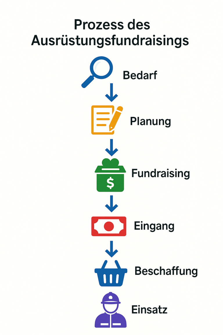 Prozess des Ausrüstungsfundraisings: Bedarf ermitteln, planen, Fundraising, Spendeneingang, Beschaffung, Einsatz