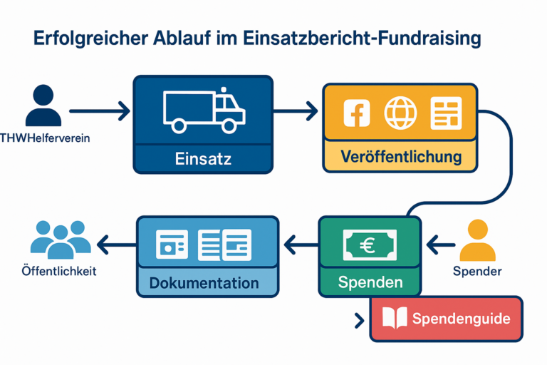 Ablauf Einsatzbericht-Fundraising: Einsatz, Veröffentlichung auf Social Media, Spenden, Dokumentation, Öffentlichkeit