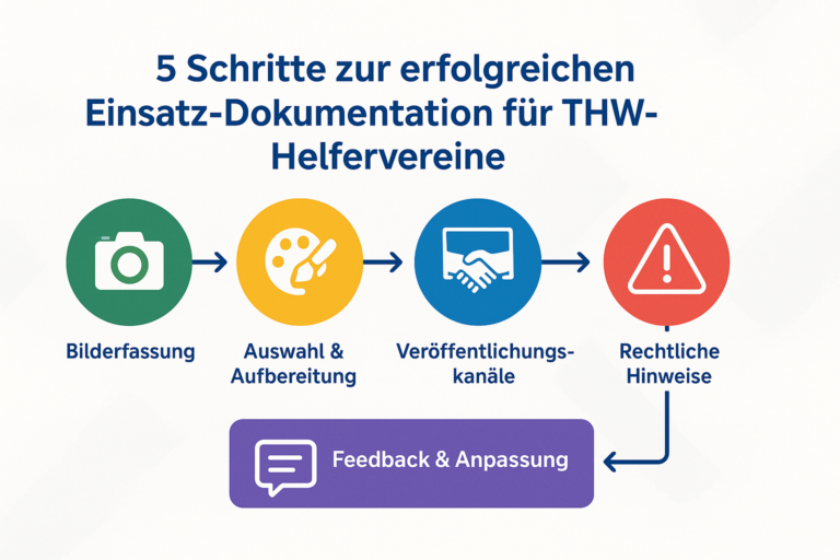 Fünf Schritte erfolgreicher Einsatz-Dokumentation: Bilderfassung, Auswahl, Veröffentlichungskanäle, rechtliche Hinweise, Feedback