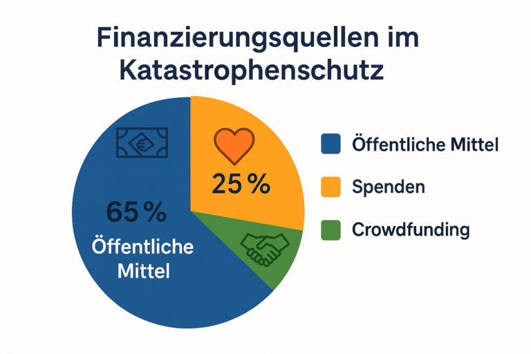 Kreisdiagramm Finanzierungsquellen im Katastrophenschutz: 65 Prozent öffentliche Mittel, 25 Prozent Spenden, Rest Crowdfunding