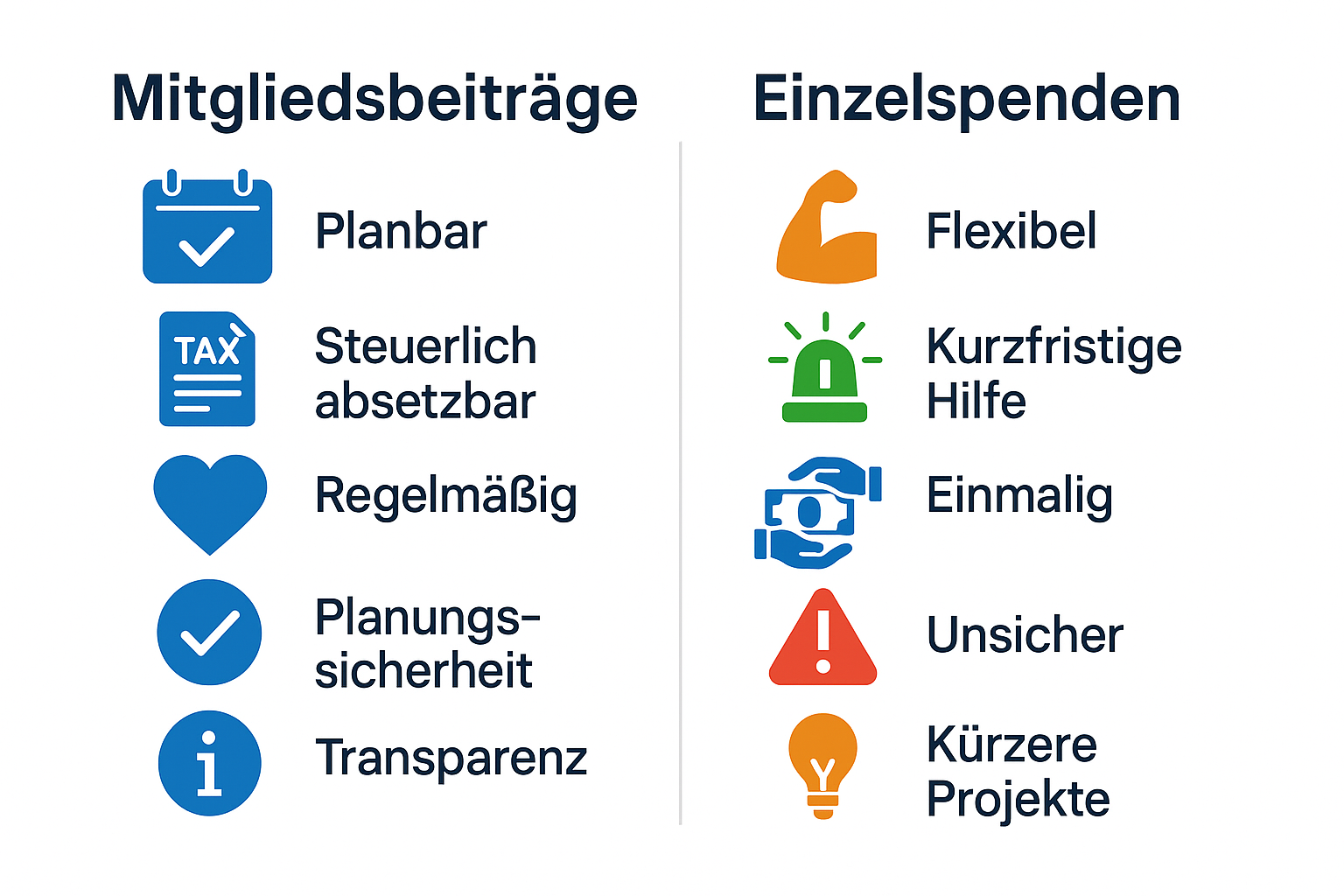Vergleich Mitgliedsbeiträge und Einzelspenden: planbar/steuerlich absetzbar/regelmäßig versus flexibel/kurzfristig/einmalig