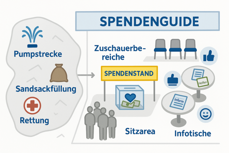 Spendenguide-Grafik für eine Veranstaltung mit Zuschauerbereich, Spendenstand, Sitzarea und Infotischen