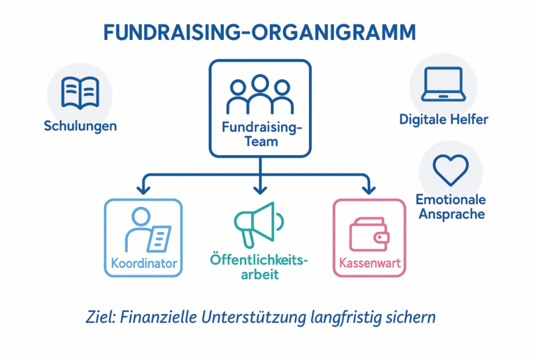 Fundraising-Organigramm mit Fundraising-Team, Koordinator, Öffentlichkeitsarbeit und Kassenwart, Ziel finanzielle Unterstützung