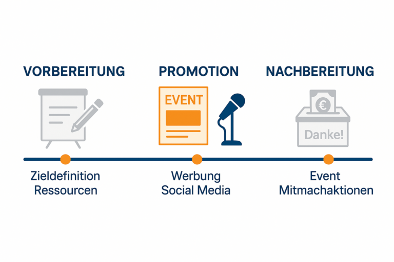 Event-Ablauf in drei Phasen: Vorbereitung mit Zieldefinition, Promotion über Werbung/Social Media, Nachbereitung mit Dank