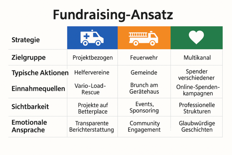 Vergleichstabelle Fundraising-Ansatz nach Zielgruppe, Aktionen, Einnahmequellen, Sichtbarkeit und emotionaler Ansprache
