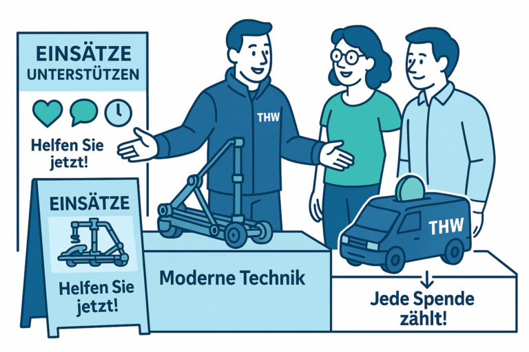 THW-Techniker präsentiert Besuchern ein Modellfahrzeug am Messestand neben Spendenfahrzeug mit Slogan Jede Spende zählt