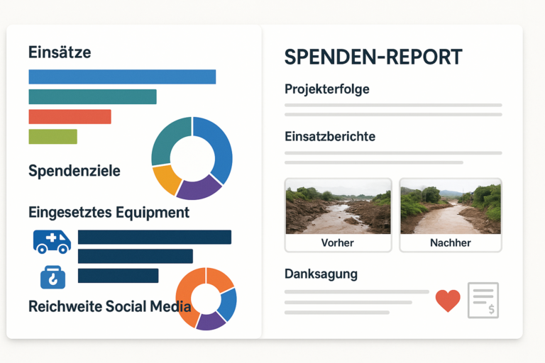 Spenden-Report mit Einsatzstatistik, Spendenzielen, Equipment und Vorher-Nachher-Fotos eines Projekts