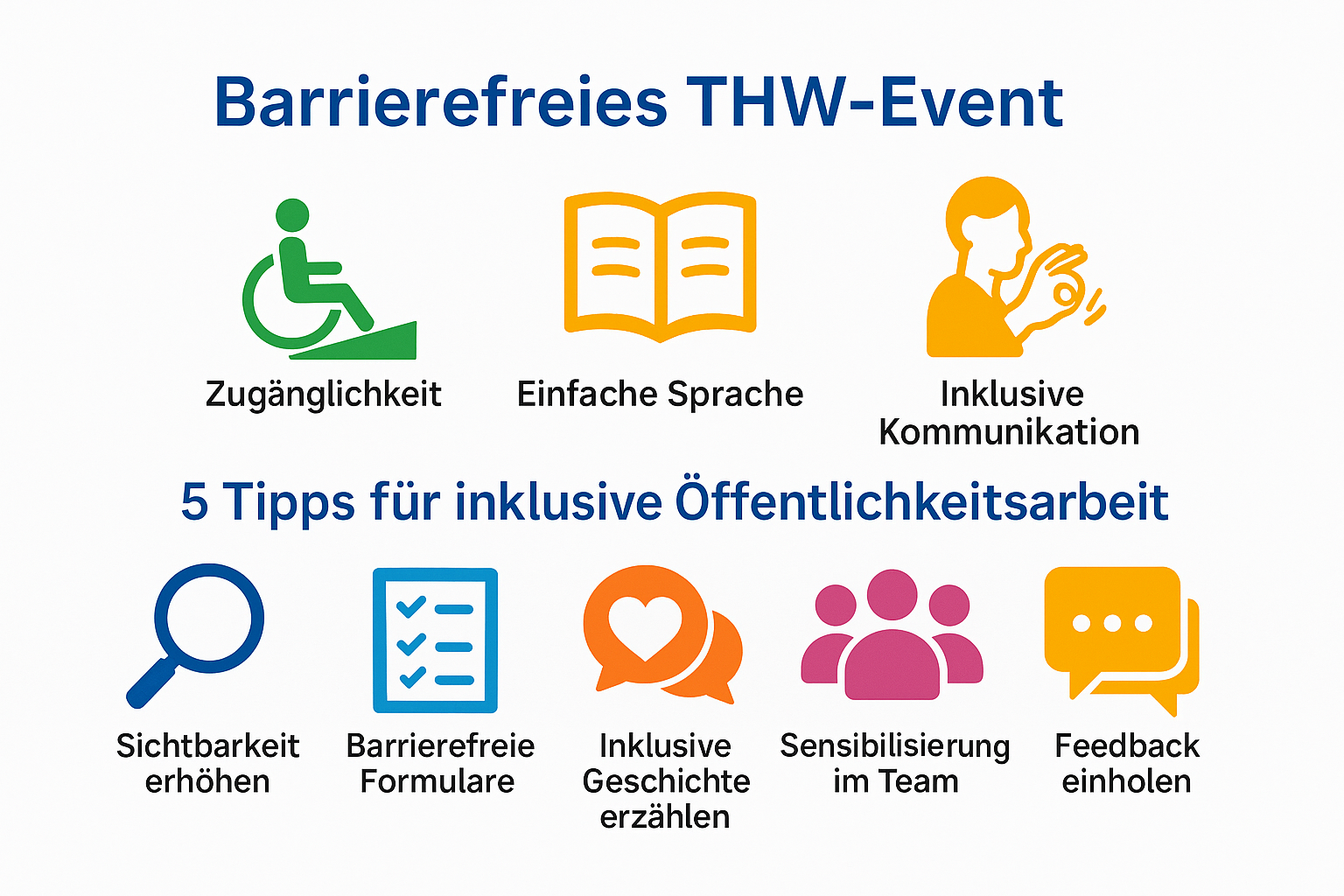 Barrierefreies THW-Event mit Zugänglichkeit, einfacher Sprache und inklusiver Kommunikation, plus fünf Tipps für Öffentlichkeitsarbeit