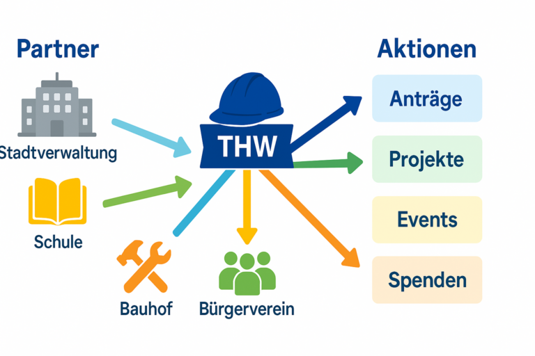 THW-Partner Stadtverwaltung, Schule, Bauhof und Bürgerverein führen zu Anträgen, Projekten, Events und Spenden