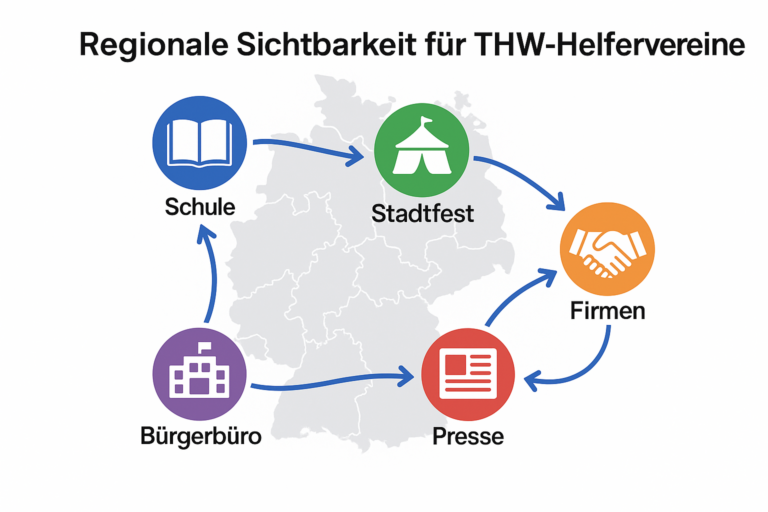 Deutschlandkarte mit Wegen zu regionaler Sichtbarkeit für THW-Helfervereine: Schule, Stadtfest, Presse, Firmen, Bürgerbüro