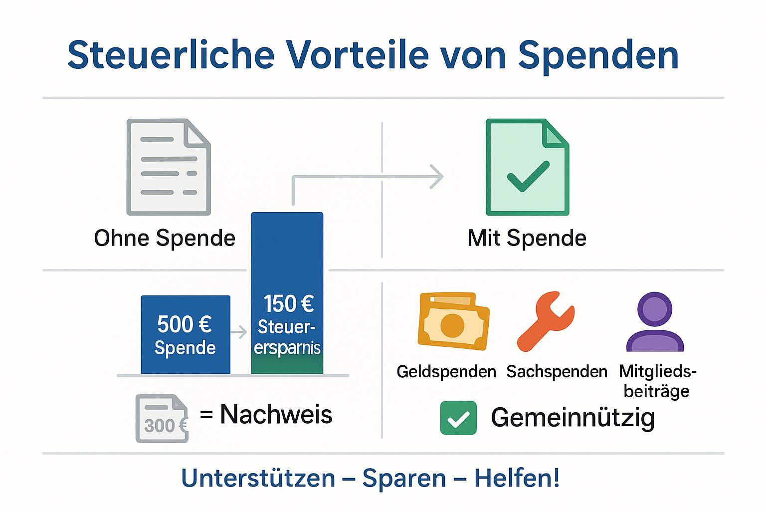 Steuerliche Vorteile von Spenden: 500 Euro Spende ergeben 150 Euro Steuerersparnis, Geld- und Sachspenden, Gemeinnützigkeit
