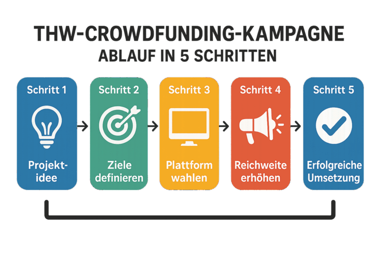 Fünf Schritte einer THW-Crowdfunding-Kampagne: Projektidee, Ziele definieren, Plattform wählen, Reichweite erhöhen, Umsetzung
