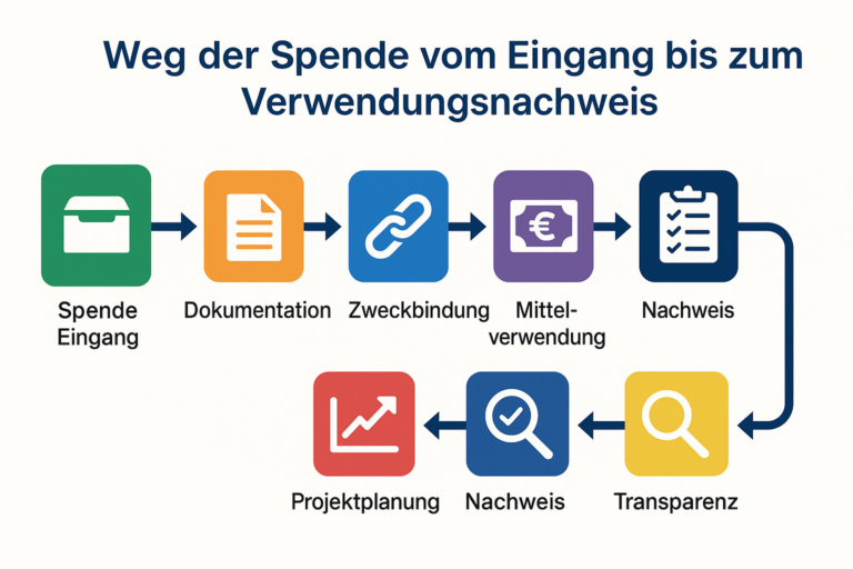 Weg der Spende vom Eingang über Dokumentation, Zweckbindung und Mittelverwendung bis zu Nachweis und Transparenz